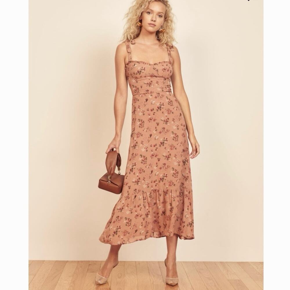 REFORMATION Nikita Floral Midi Dress Rose Pink Strappy Sweetheart neck EUC sz 12